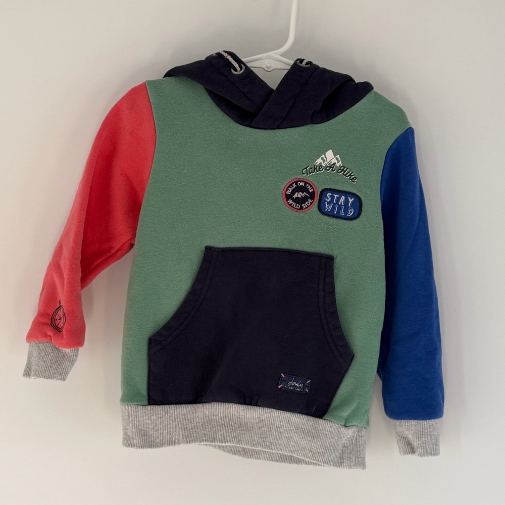 Joules Boys Hoodie Size 4Y Colorblock Fleece Lined Stay Wild Pullover